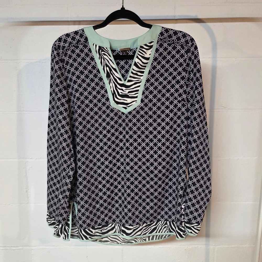 💲6️⃣ CLEARANCE Dana Buchman Women 8 Zebra Print Navy Tunic Top Office Workwear